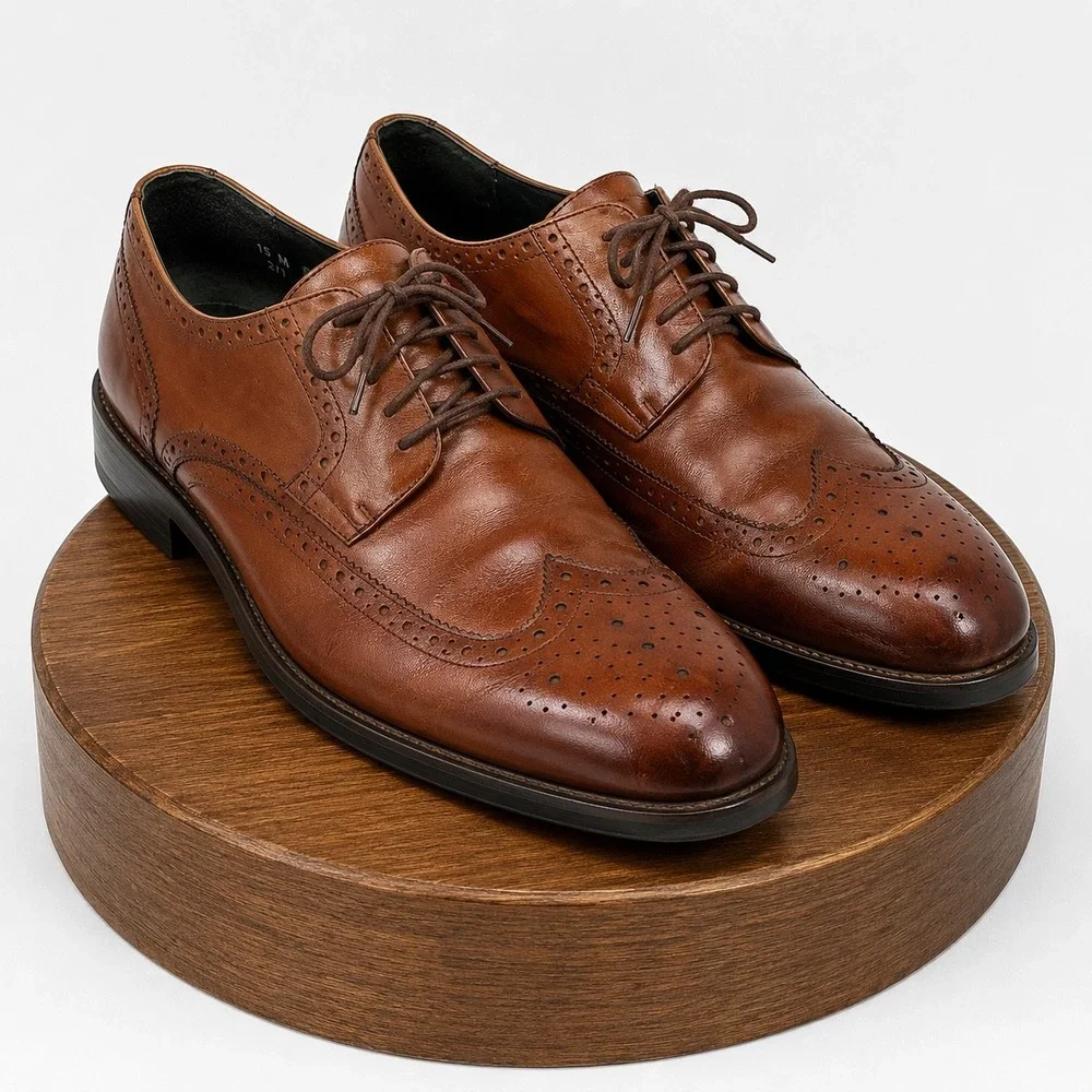 Stacy Adams Mens 15M Cognac Brown Leather Wingtip Oxford Dress Shoes 24911-221
